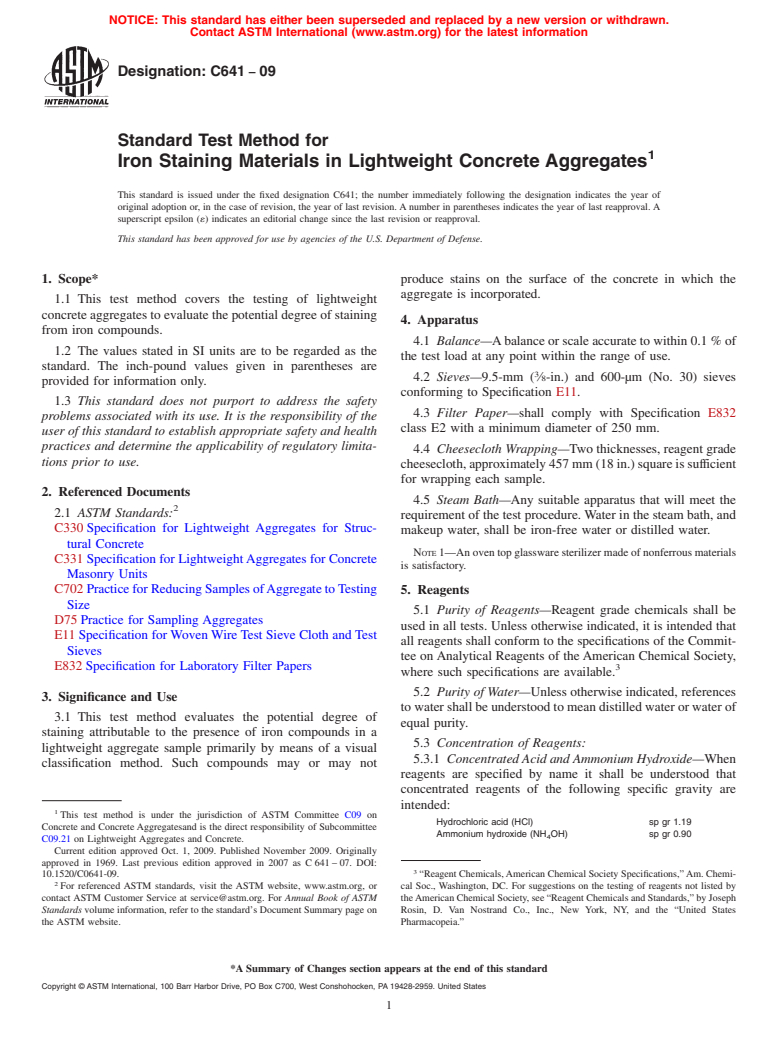 ASTM C641-09 - Standard Test Method for Iron Staining Materials in Lightweight Concrete Aggregates