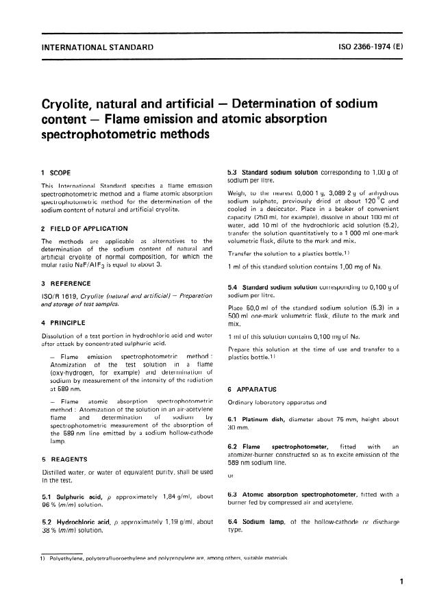 ISO 2366:1974 - Cryolite, natural and artificial -- Determination of sodium content -- Flame emission and atomic absorption spectrophotometric methods
