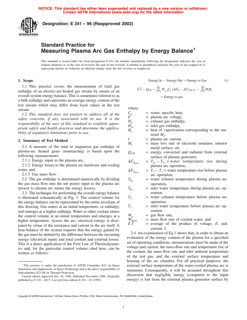 ASTM E341-96(2002) - Standard Practice for Measuring Plasma Arc Gas Enthalpy by Energy Balance