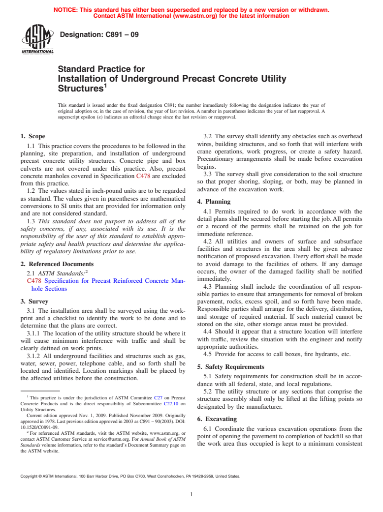 ASTM C891-09 - Standard Practice for Installation of Underground Precast Concrete Utility Structures