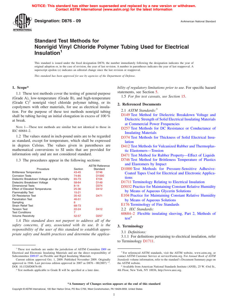 ASTM D876-09 - Standard Test Methods for Nonrigid Vinyl Chloride Polymer Tubing Used for Electrical Insulation