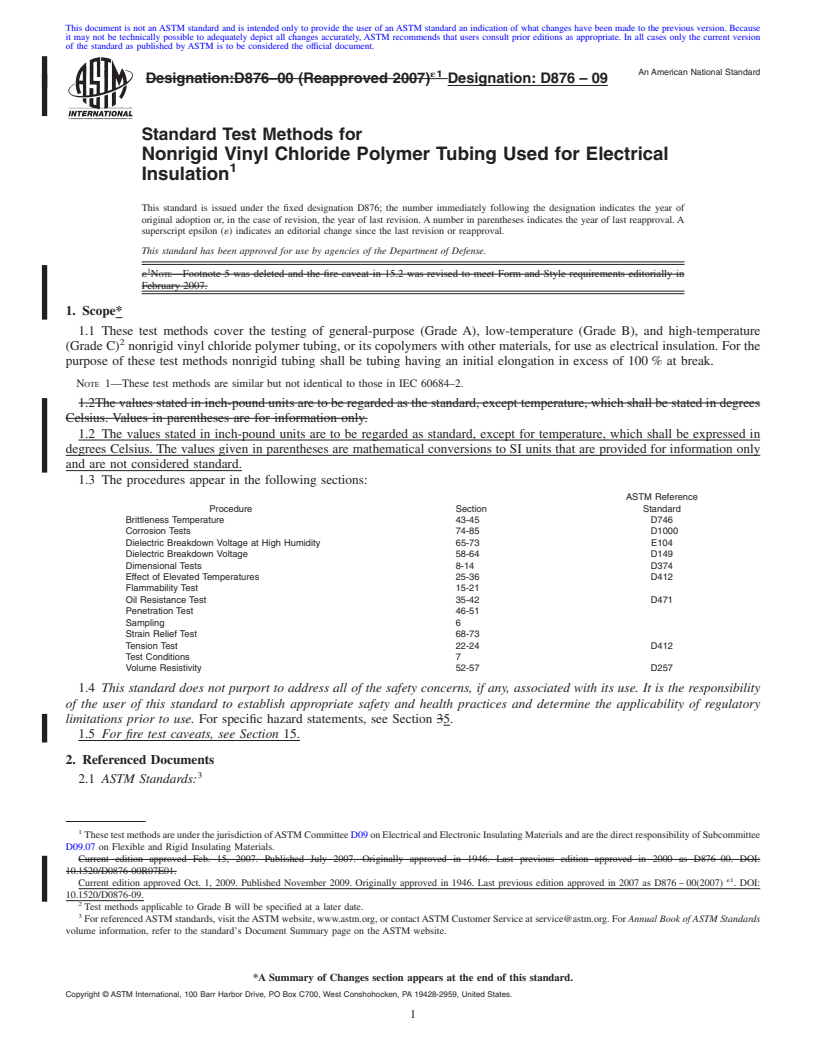 REDLINE ASTM D876-09 - Standard Test Methods for Nonrigid Vinyl Chloride Polymer Tubing Used for Electrical Insulation