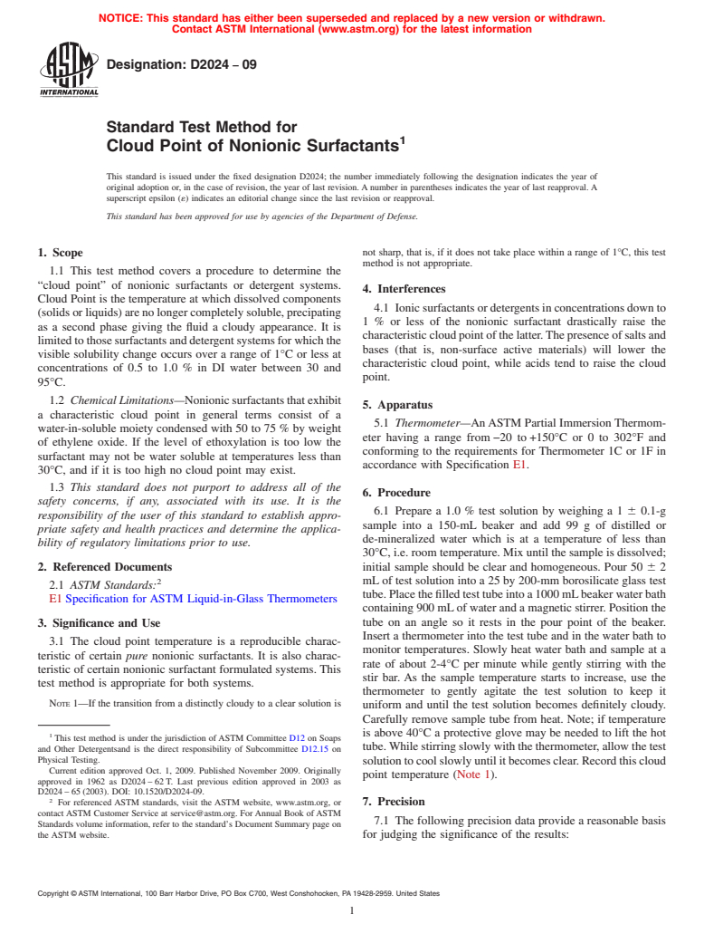 ASTM D2024-09 - Standard Test Method for Cloud Point of Nonionic Surfactants