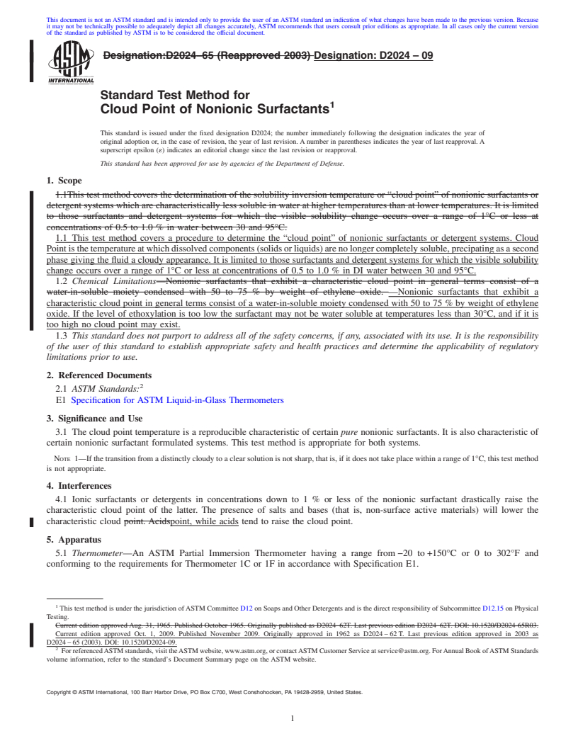 REDLINE ASTM D2024-09 - Standard Test Method for Cloud Point of Nonionic Surfactants