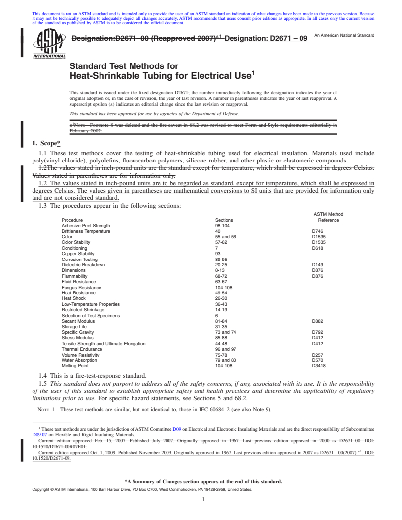 REDLINE ASTM D2671-09 - Standard Test Methods for Heat-Shrinkable Tubing for Electrical Use