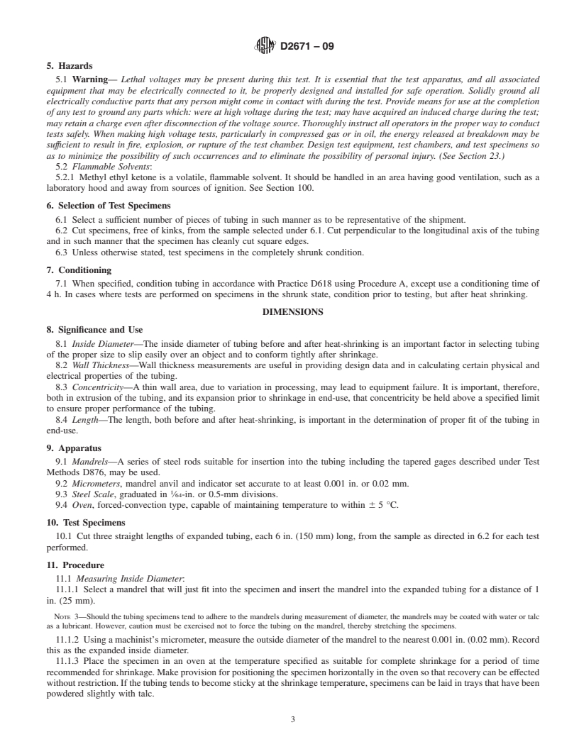 REDLINE ASTM D2671-09 - Standard Test Methods for Heat-Shrinkable Tubing for Electrical Use