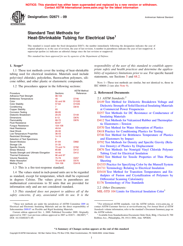 ASTM D2671-09 - Standard Test Methods for Heat-Shrinkable Tubing for Electrical Use