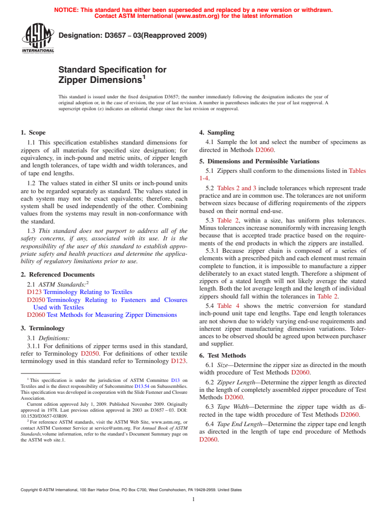 ASTM D3657-03(2009) - Standard Specification for Zipper Dimensions