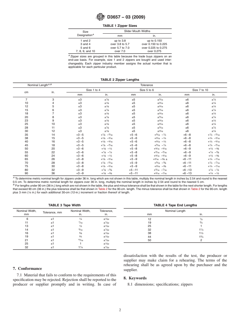 ASTM D3657-03(2009) - Standard Specification for Zipper Dimensions