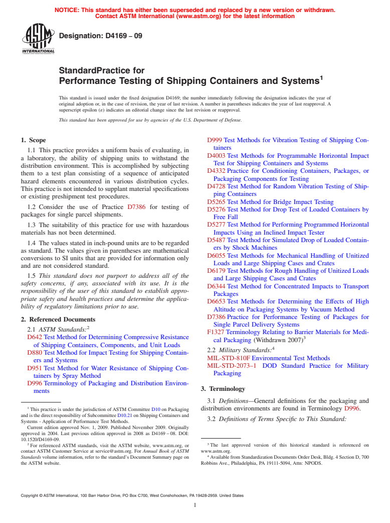ASTM D4169-09 - Standard Practice for Performance Testing of Shipping Containers and Systems