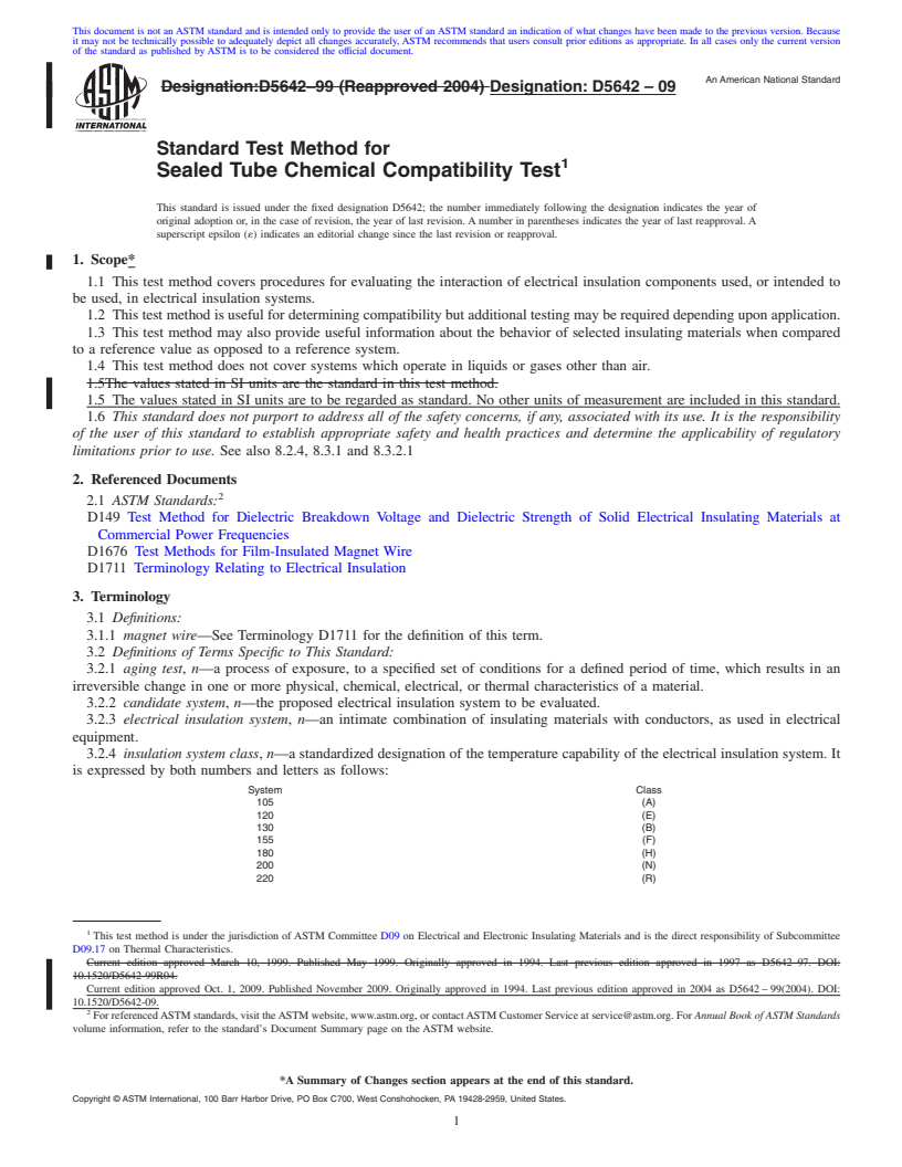 REDLINE ASTM D5642-09 - Standard Test Method for Sealed Tube Chemical Compatibility Test