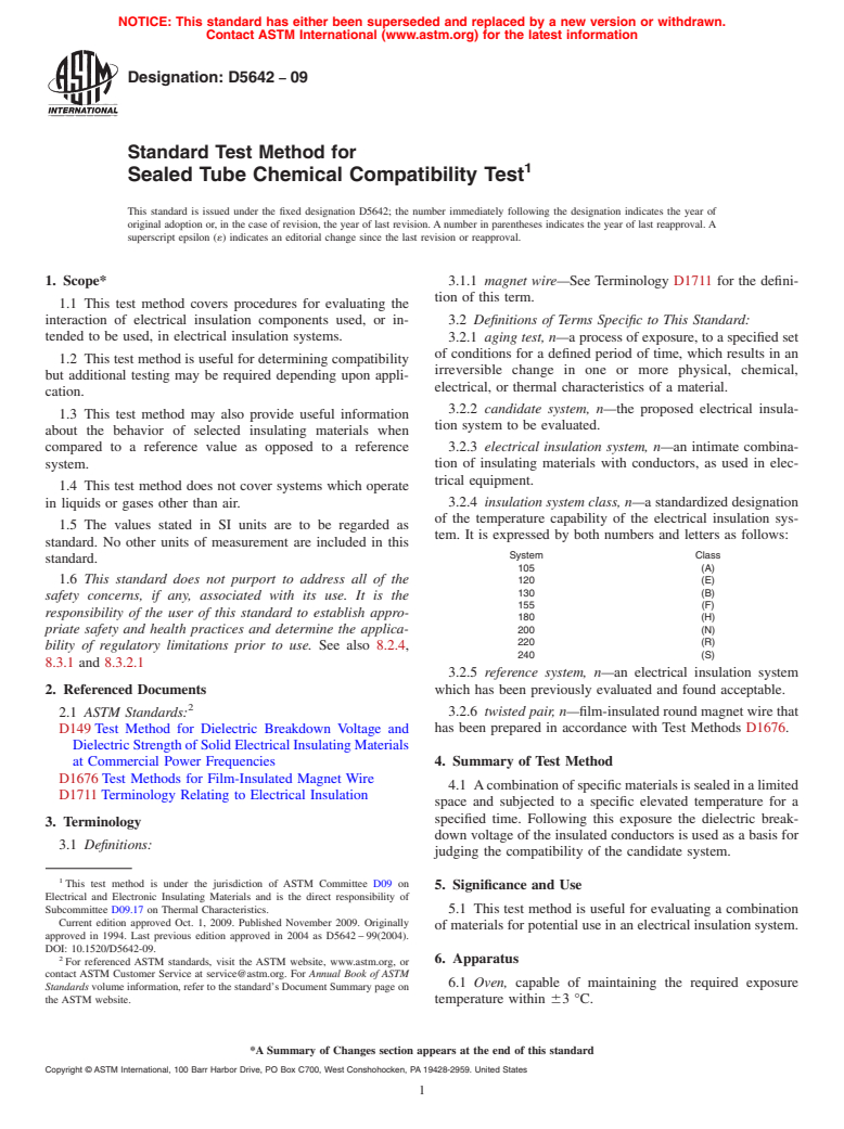 ASTM D5642-09 - Standard Test Method for Sealed Tube Chemical Compatibility Test