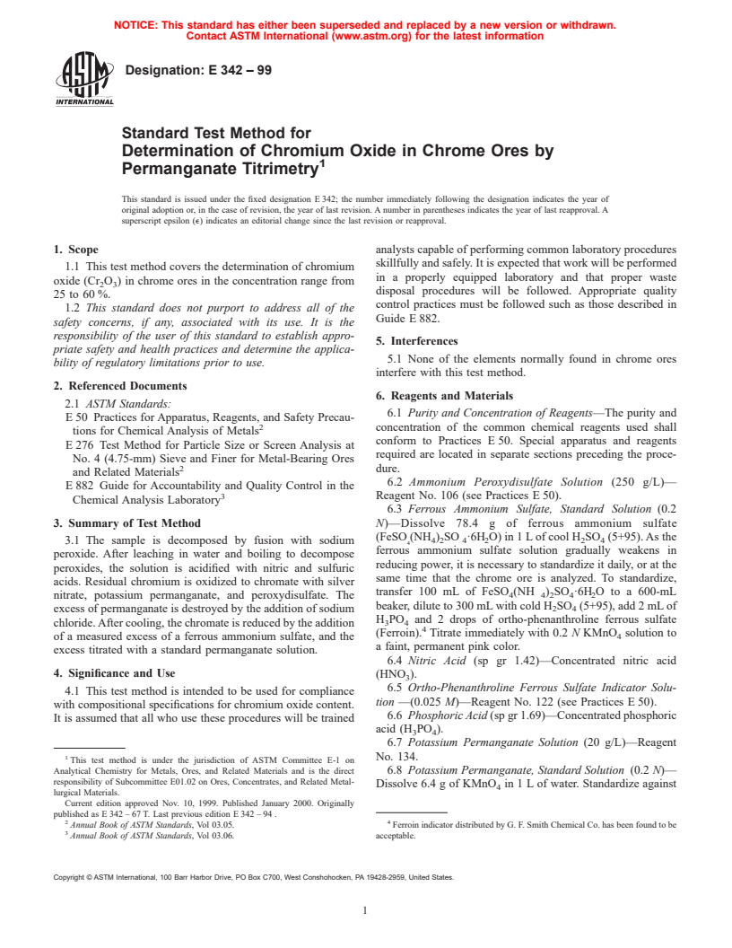 ASTM E342-99 - Standard Test Method for Chromium Oxide in Chrome Ores