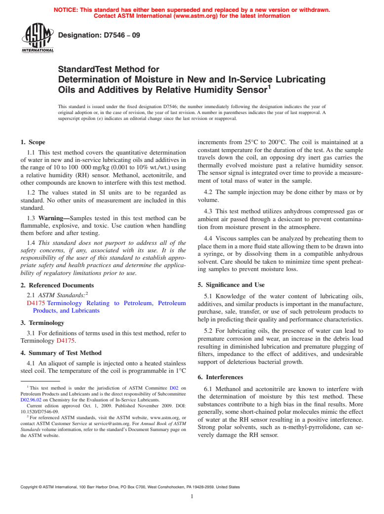 ASTM D7546-09 - Standard Test Method for Determination of Moisture in New and In-Service Lubricating Oils and Additives by Relative Humidity Sensor