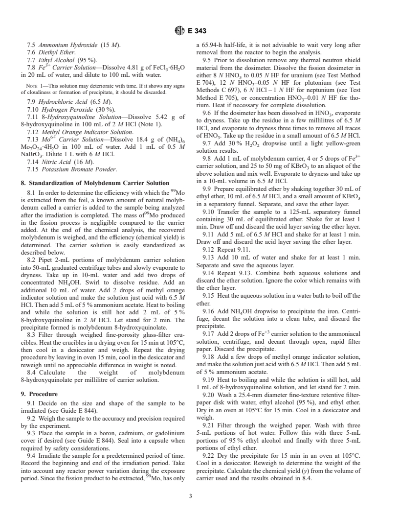 ASTM E343-96 - Standard Test Method for Measuring Reaction Rates by Analysis of Molybdenum-99 Radioactivity From Fission Dosimeters (Withdrawn 2002)