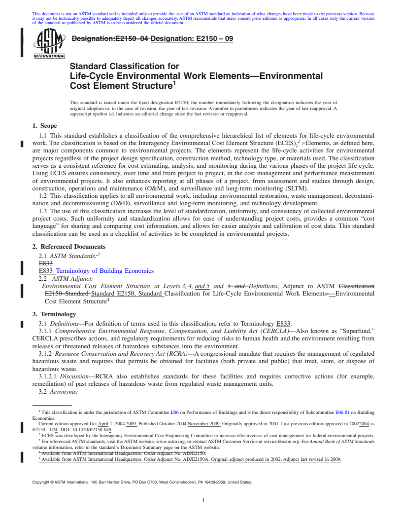 REDLINE ASTM E2150-09 - Standard Classification for Life-Cycle Environmental Work Elements&#8212;Environmental Cost Element Structure