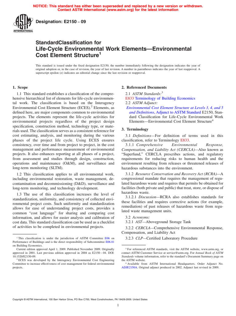 ASTM E2150-09 - Standard Classification for Life-Cycle Environmental Work Elements&#8212;Environmental Cost Element Structure