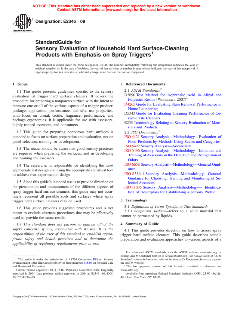 ASTM E2346-09 - Standard Guide for Sensory Evaluation of Household Hard Surface-Cleaning Products with Emphasis on Spray Triggers