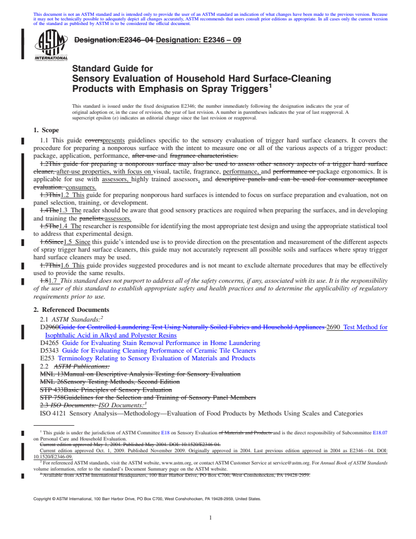 REDLINE ASTM E2346-09 - Standard Guide for Sensory Evaluation of Household Hard Surface-Cleaning Products with Emphasis on Spray Triggers