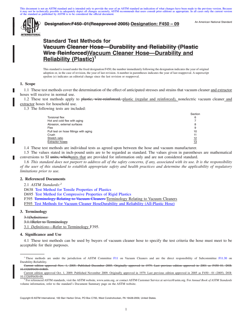 REDLINE ASTM F450-09 - Standard Test Methods for  Vacuum Cleaner Hose<span class='unicode'>&#x2014;</span>Durability and Reliability (Plastic)