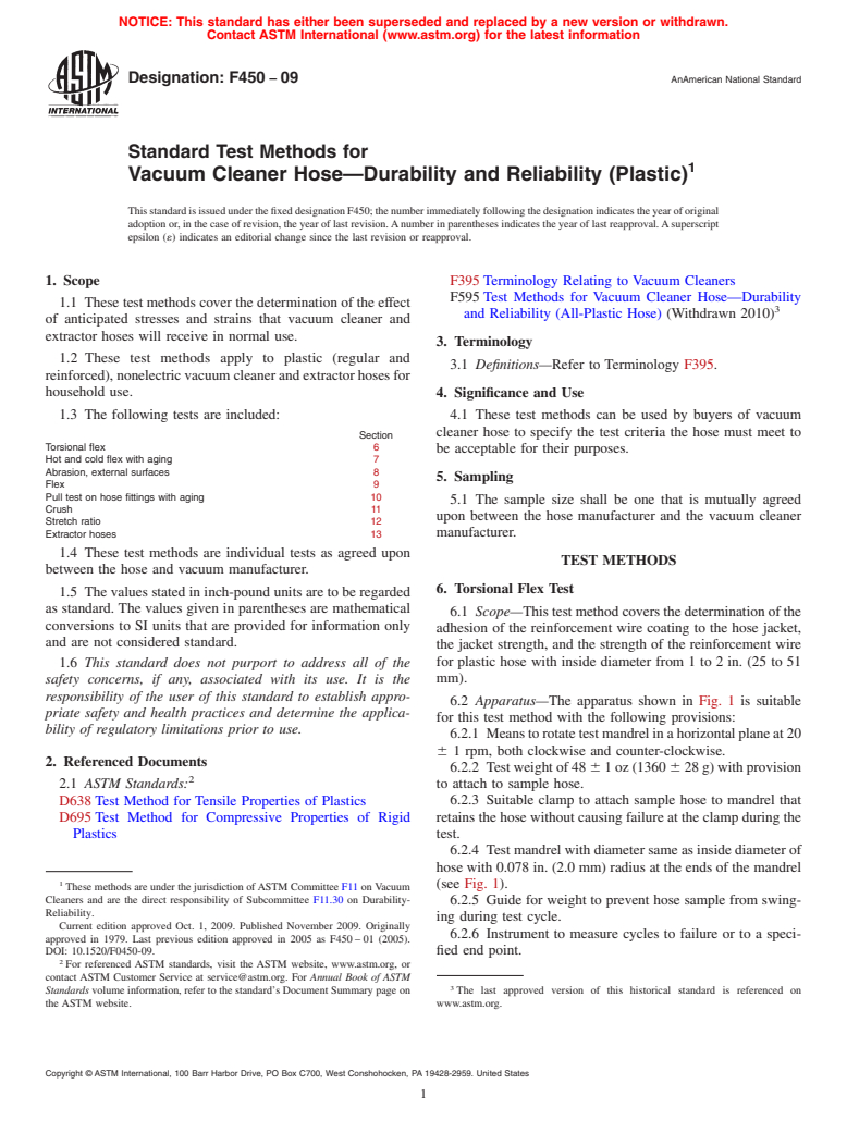 ASTM F450-09 - Standard Test Methods for  Vacuum Cleaner Hose<span class='unicode'>&#x2014;</span>Durability and Reliability (Plastic)