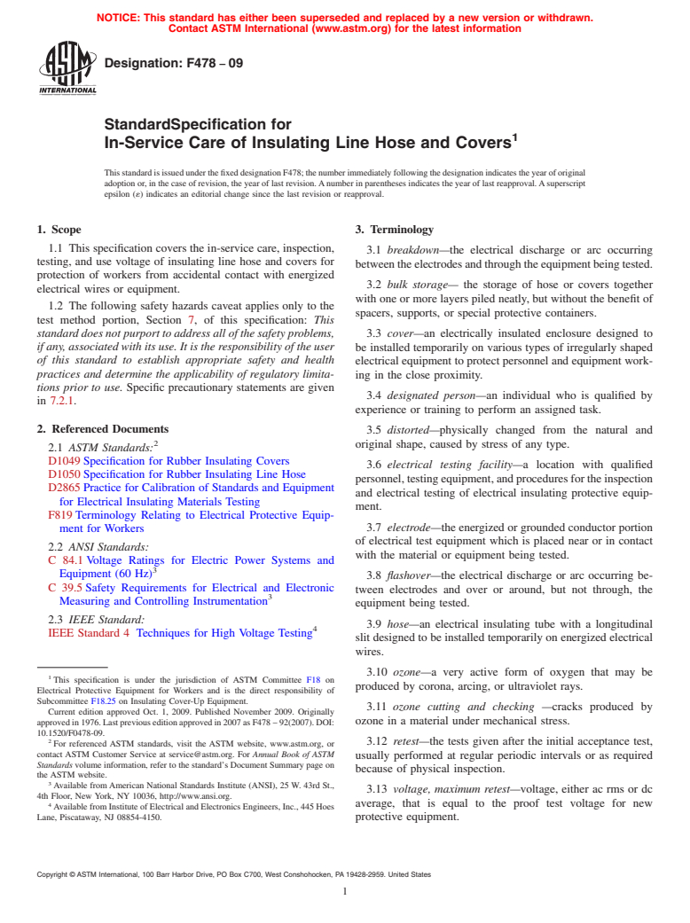 ASTM F478-09 - Standard Specification for In-Service Care of Insulating Line Hose and Covers