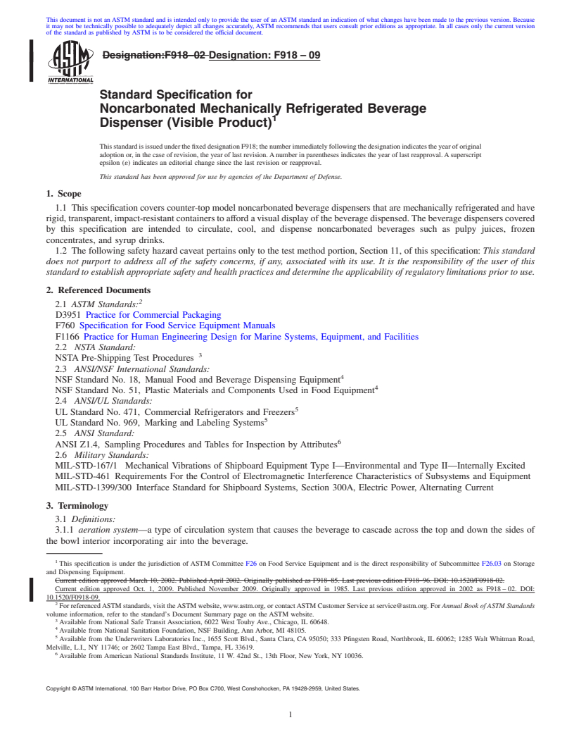 REDLINE ASTM F918-09 - Standard Specification for Noncarbonated Mechanically Refrigerated, Beverage Dispenser (Visible Product)