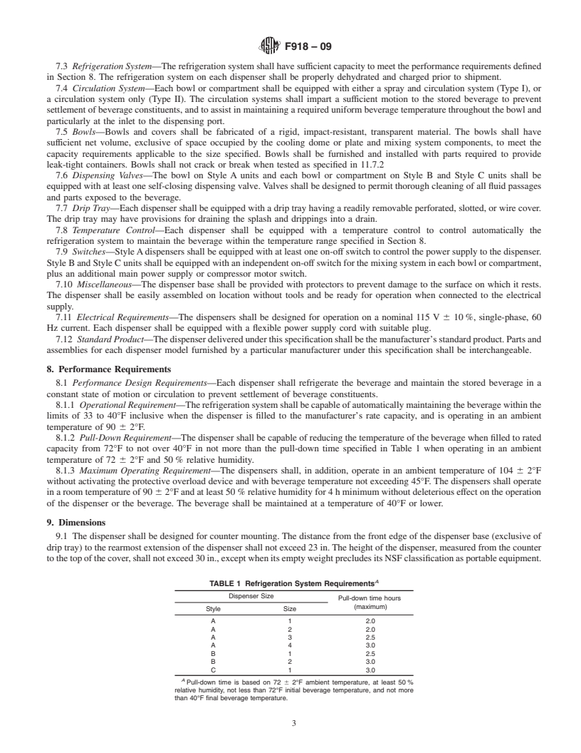 REDLINE ASTM F918-09 - Standard Specification for Noncarbonated Mechanically Refrigerated, Beverage Dispenser (Visible Product)