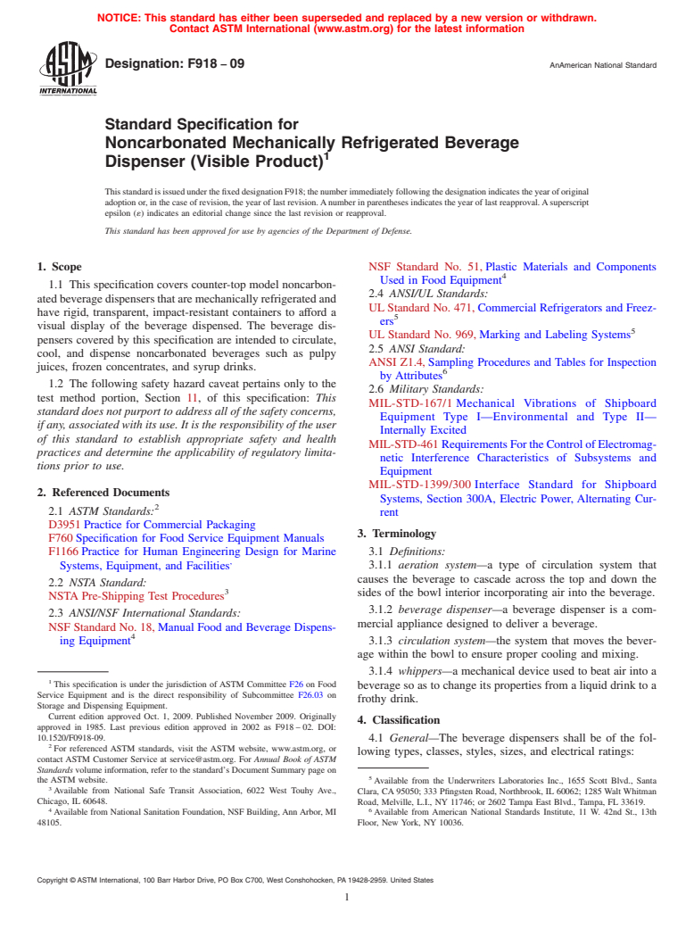 ASTM F918-09 - Standard Specification for Noncarbonated Mechanically Refrigerated, Beverage Dispenser (Visible Product)