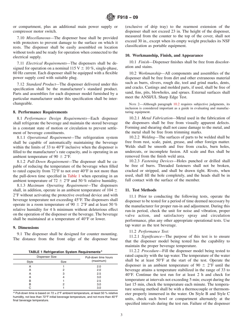 ASTM F918-09 - Standard Specification for Noncarbonated Mechanically Refrigerated, Beverage Dispenser (Visible Product)