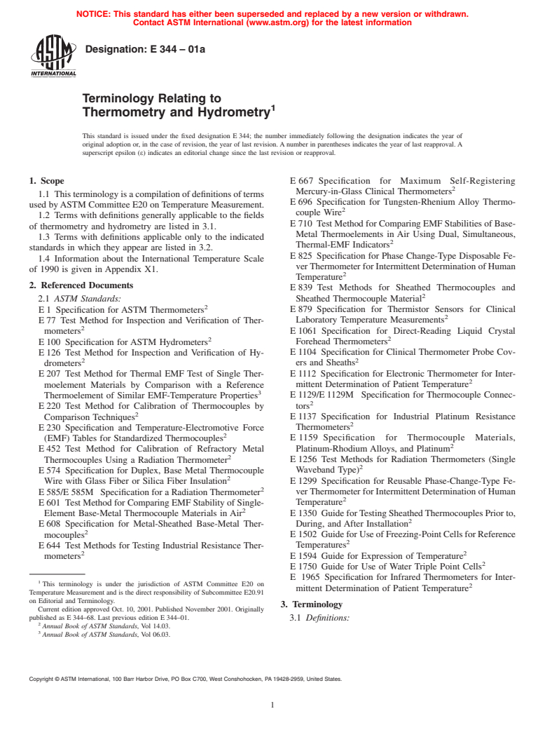 ASTM E344-01a - Terminology Relating to Thermometry and Hydrometry