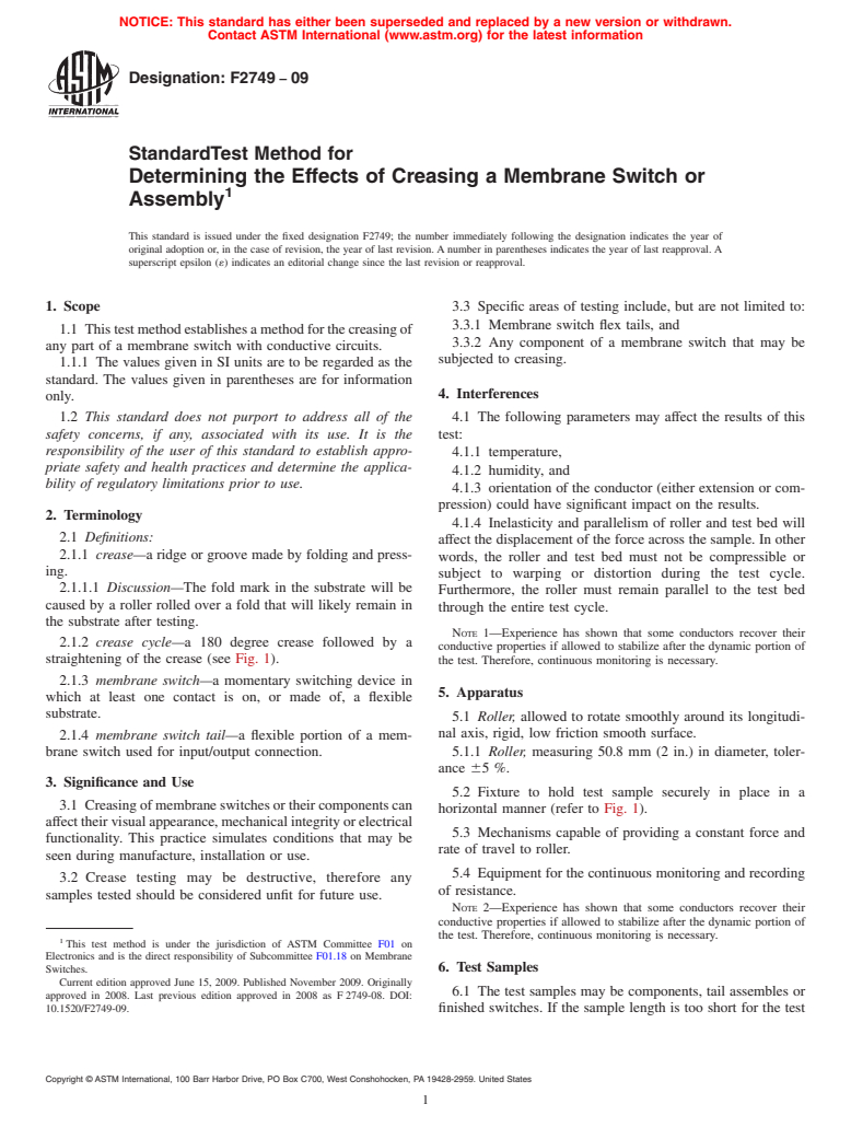 ASTM F2749-09 - Standard Test Method for Determining the Effects of Creasing a Membrane Switch or Assembly