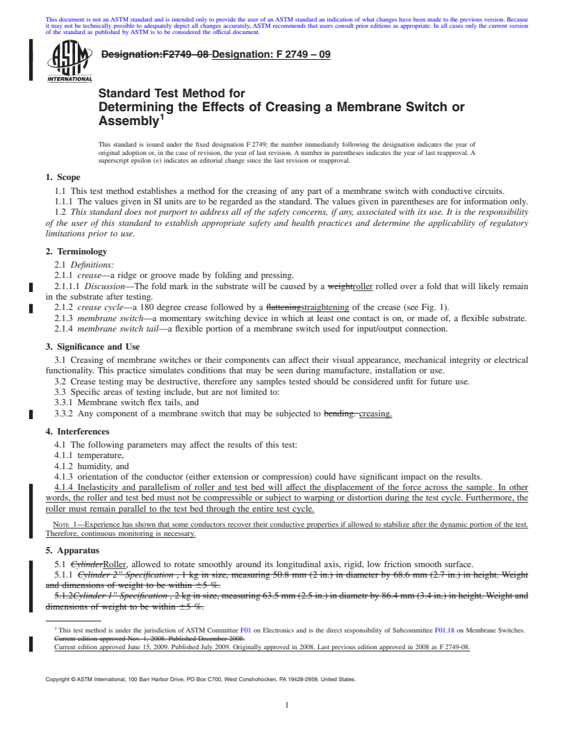 REDLINE ASTM F2749-09 - Standard Test Method for Determining the Effects of Creasing a Membrane Switch or Assembly