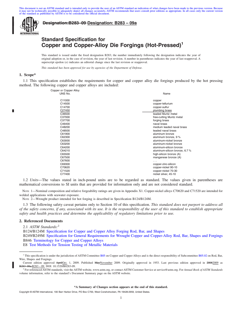 REDLINE ASTM B283-09a - Standard Specification for  Copper and Copper-Alloy Die Forgings (Hot-Pressed)