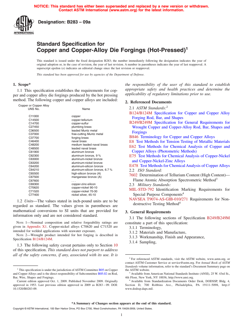 ASTM B283-09a - Standard Specification for  Copper and Copper-Alloy Die Forgings (Hot-Pressed)