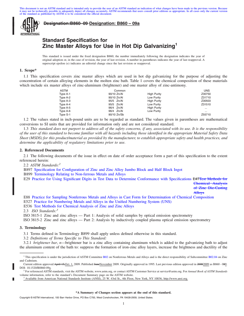 REDLINE ASTM B860-09a - Standard Specification for Zinc Master Alloys for Use in Hot Dip Galvanizing