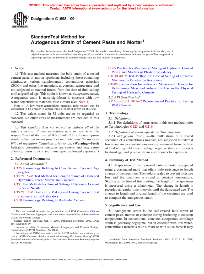 ASTM C1698-09 - Standard Test Method for Autogenous Strain of Cement Paste and Mortar