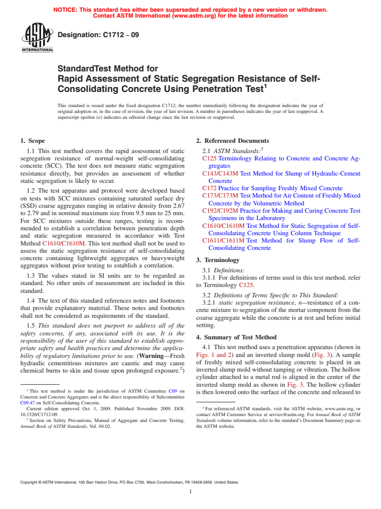 ASTM C1712-09 - Standard Test Method for Rapid Assessment of Static Segregation Resistance of Self-Consolidating Concrete Using Penetration Test