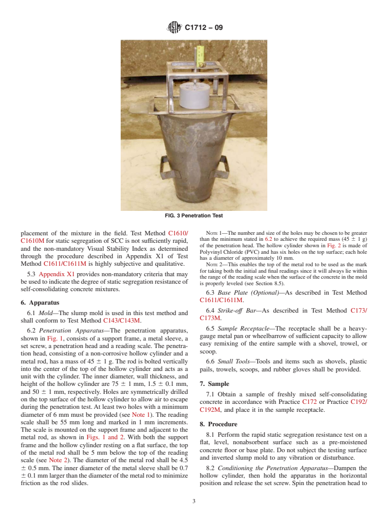 ASTM C1712-09 - Standard Test Method for Rapid Assessment of Static Segregation Resistance of Self-Consolidating Concrete Using Penetration Test