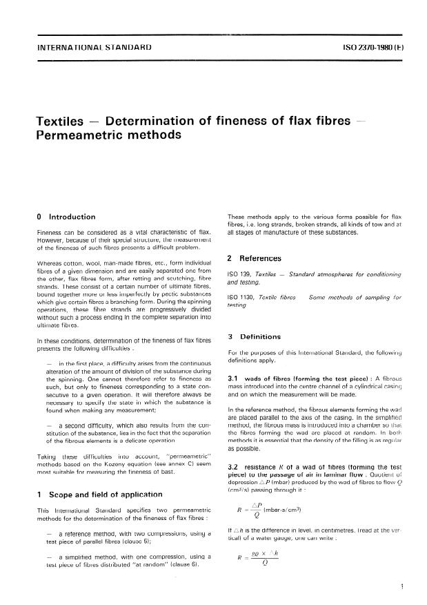 ISO 2370:1980 - Textiles -- Determination of fineness of flax fibres -- Permeametric methods
