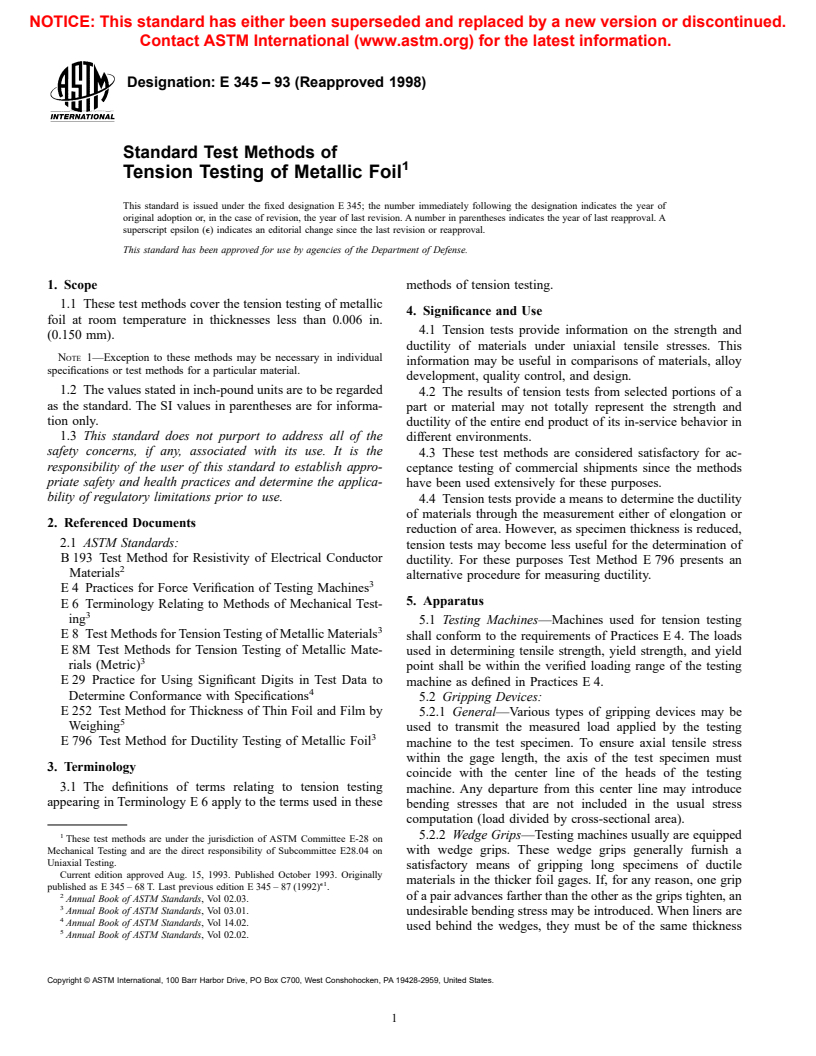 ASTM E345-93(1998) - Standard Test Methods of Tension Testing of Metallic Foil