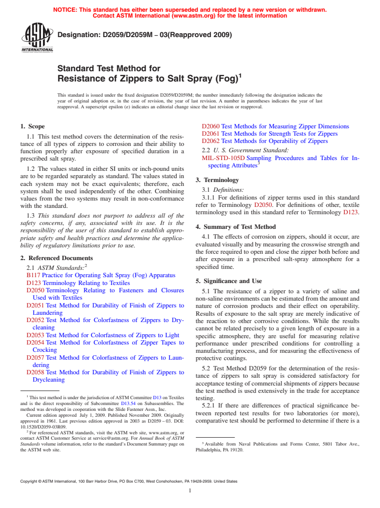 ASTM D2059/D2059M-03(2009) - Standard Test Method for Resistance of Zippers to Salt Spray (Fog)