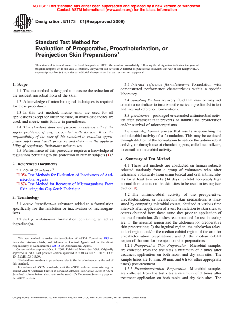 ASTM E1173-01(2009) - Standard Test Method for Evaluation of Preoperative, Precatheterization, or Preinjection Skin Preparations