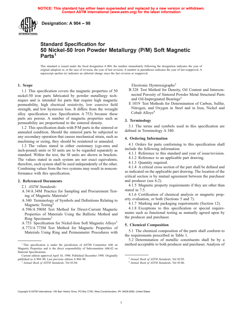 ASTM A904-98 - Standard Specification for 50 Nickel-50 Iron Powder Metallurgy (P/M) Soft Magnetic Alloys