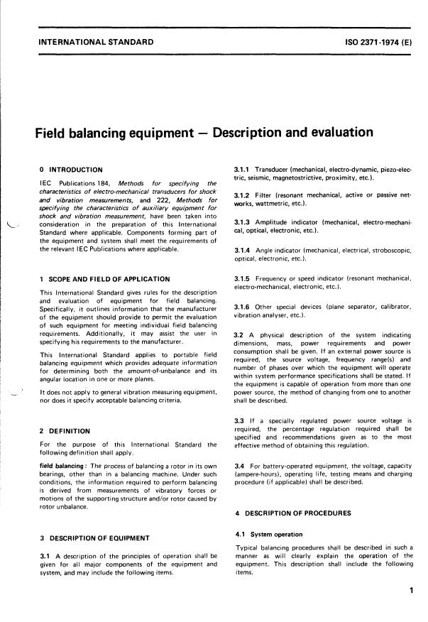 ISO 2371:1974 - Field balancing equipment -- Description and evaluation