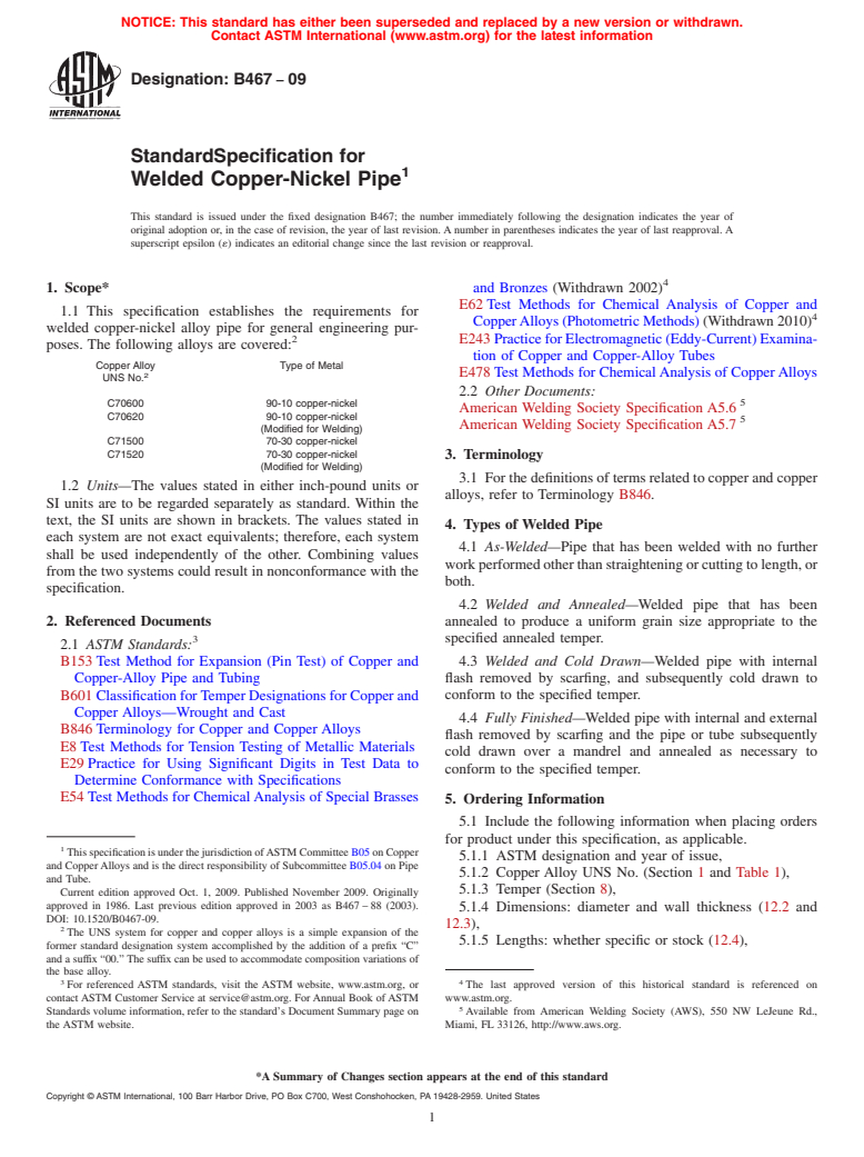 ASTM B467-09 - Standard Specification for Welded Copper-Nickel Pipe