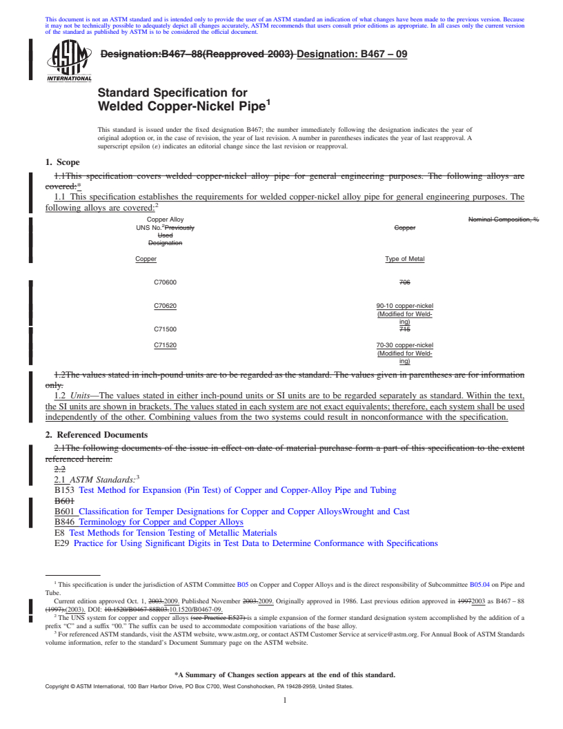 REDLINE ASTM B467-09 - Standard Specification for Welded Copper-Nickel Pipe