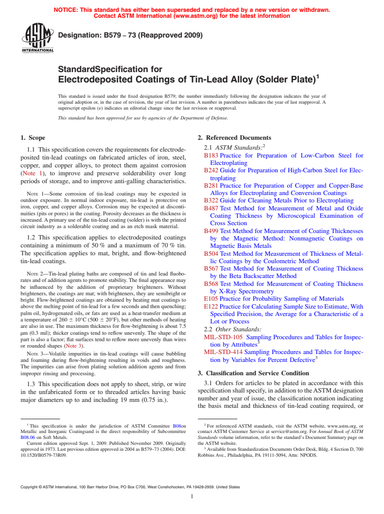 ASTM B579-73(2009) - Standard Specification for Electrodeposited Coatings of Tin-Lead Alloy (Solder Plate)