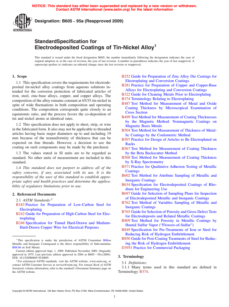 ASTM B605-95a(2009) - Standard Specification for Electrodeposited Coatings of Tin-Nickel Alloy