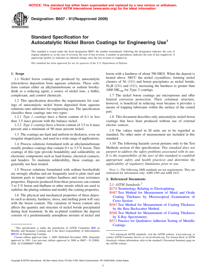 ASTM B607-91(2009) - Standard Specification for Autocatalytic Nickel Boron Coatings for Engineering Use